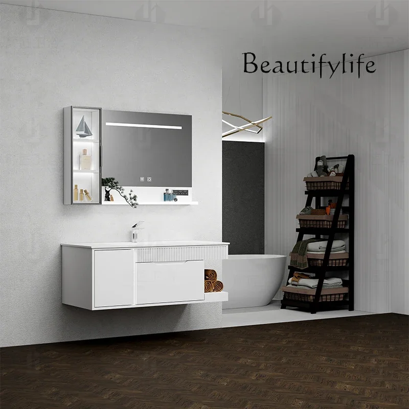 Solid wood paint bathroom cabinet rock slab hot bending integrated basin toilet washbasin French cream wind