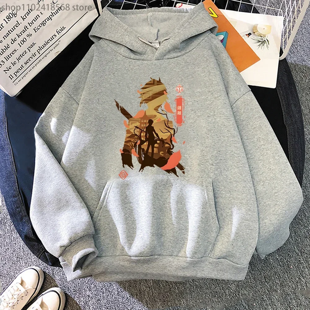Cartoon Zhongli Hoodie Men Genshin Impact Metal Print Swearshirt  Harajuku Hoodies Women Y2k Streetwear Four Seasons Fleece Tops