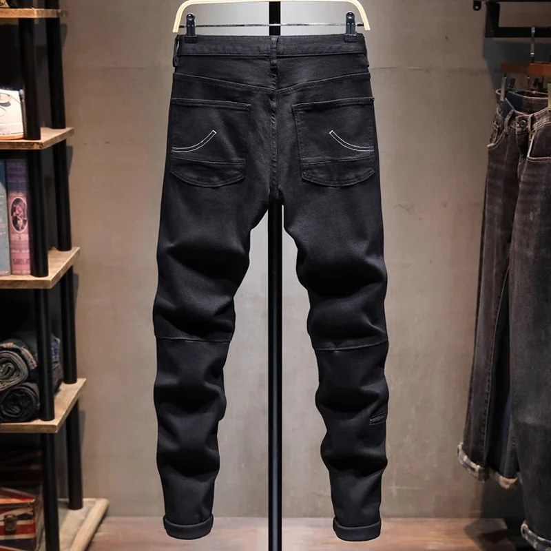 Street Fashion Designer Men Jeans Beige White Stretch Slim Fit Spliced Patched Denim Cargo Pants Hombre Hip Hop Biker Jeans Men