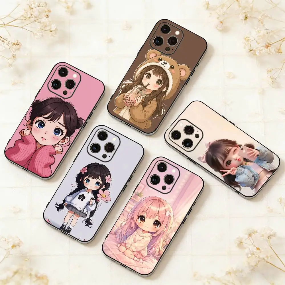 

Cartoon Girl Pattern Phone Case For iPhone 17,16,15,14,13,12,11 Plus,Pro Max,XS,Soft Silicone Black Cover