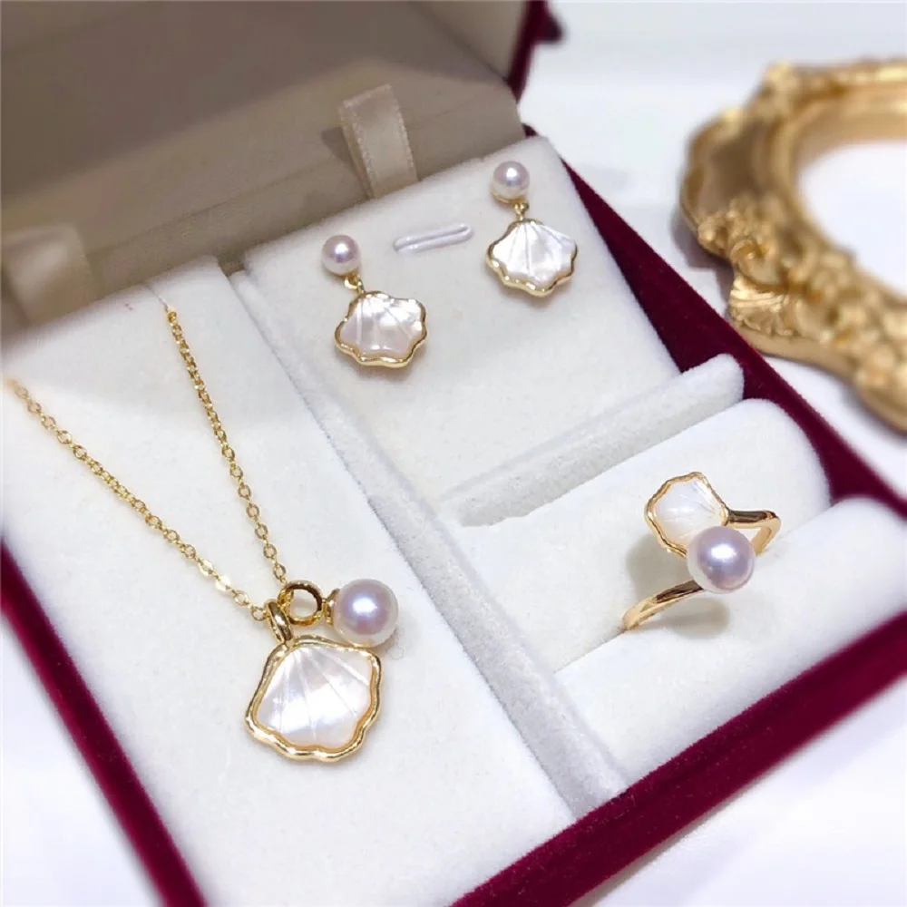 Pearl Jewelry 18K Gold Package Classic Pendant Ring Earring Set 6-9mm