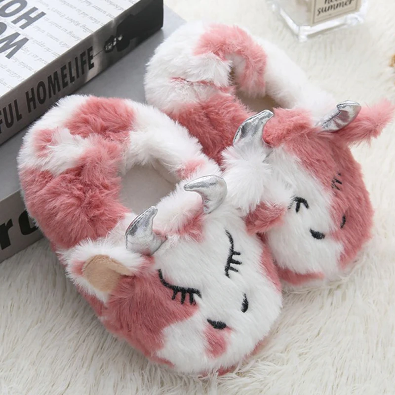 Fashion Toddler Girls Slippers for Winter Children Plush Warm Cartoon Caw Home Shoes Little Kid House Footwear Indoor Baby Items