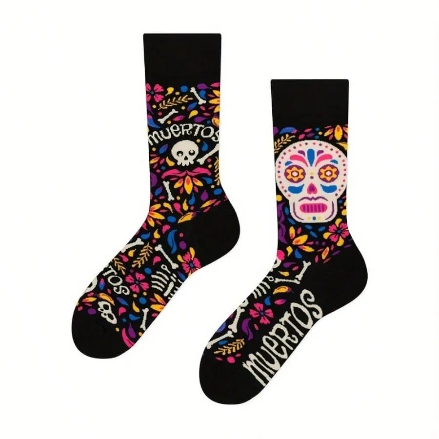 1 pair Unisex Creative Personality Asymmetrical Skull Print Street Style Fashion Socks, Couple Socks, Men\'s Socks