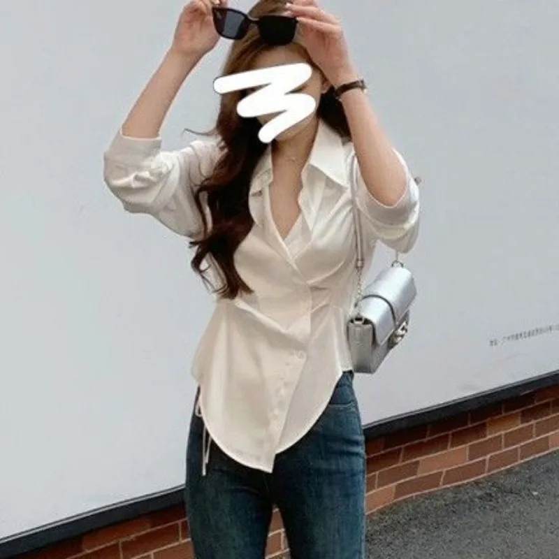 2024 New French White Satin Shirt Women\'s Spring Autumn Light Mature Wind Temperament Sunscreen Shirt Fishbone Drawstring Top