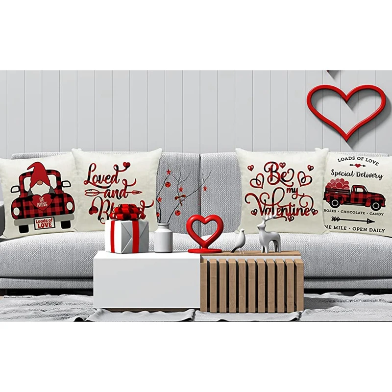 4Pcs Valentine's Day Pillow Cover 18X18 Inch Plaid Valentine's Day Ornament Red Heart Tree And Love Throw Pillowcase