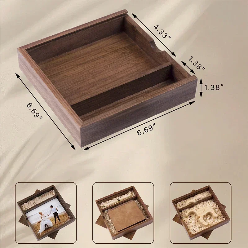 1PCS Walnut Maple Wood Storage Box Photography Wedding Gift Album Jewelry USB Box Natural Unfinished Wooden Case 16.9X16.9X3.5cm