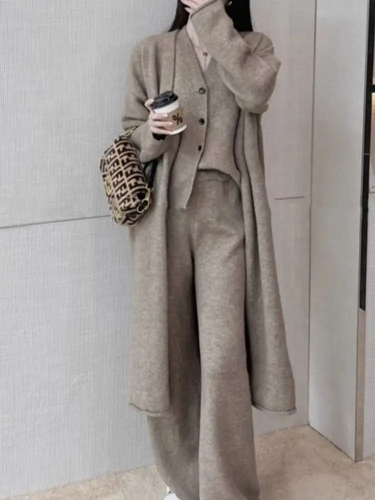 [EWQ] Elegant Solid Color Cardigan Knitwear Single Breasted Vest Wide Leg Pants Three Piece Set Women 2024 winter Autumn 16U7353