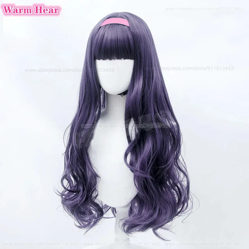 카드 캡쳐 사쿠라 코스프레 Tomoyo Daidouji 애니메이션 긴 곱슬 다크 그레이 퍼플 헤어 헤어 밴드 내열성 가발 + 가발 모자