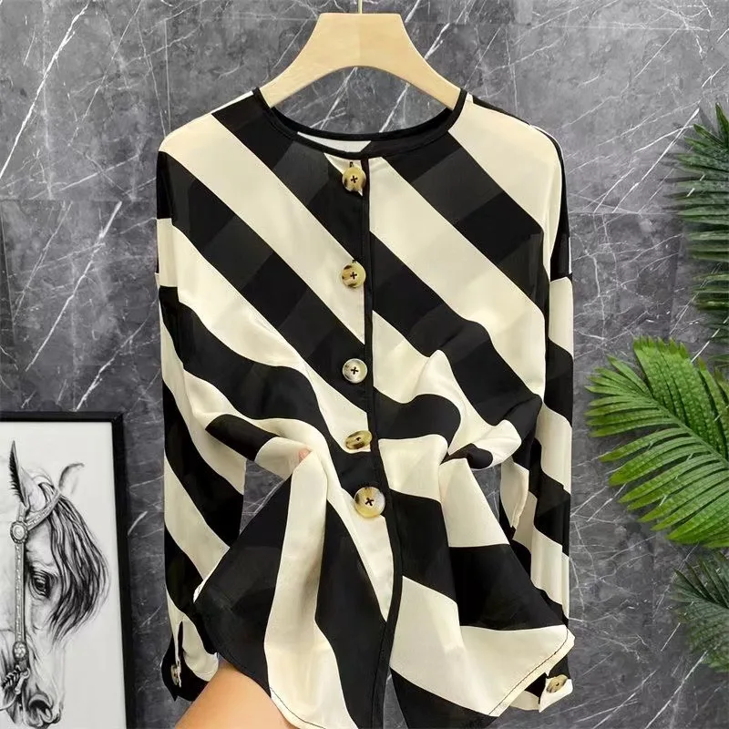 High end temperament diagonal stripes simulation silk mulberry silk long sleeved shirt jacket top  blusas