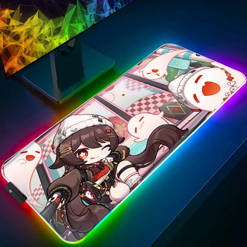 

Mouse Pad RGB Laptop Gamer Keyboard Pad Genshin Impact Hu Tao Mousepad LED PC Computer Kawaii Girl Desk Mat Gaming Pad Mouse Mat