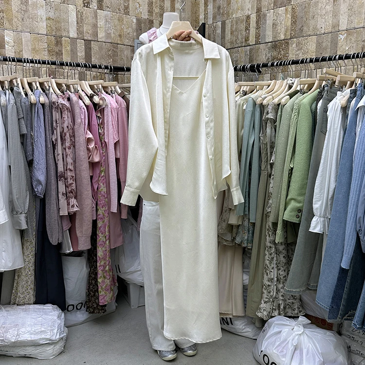 

2025 New Satin Fashion Dress Two Piece Set Shirts Top And Slip Dress Summer Suit Beige Casual Solid Color Top + Dress Outfits