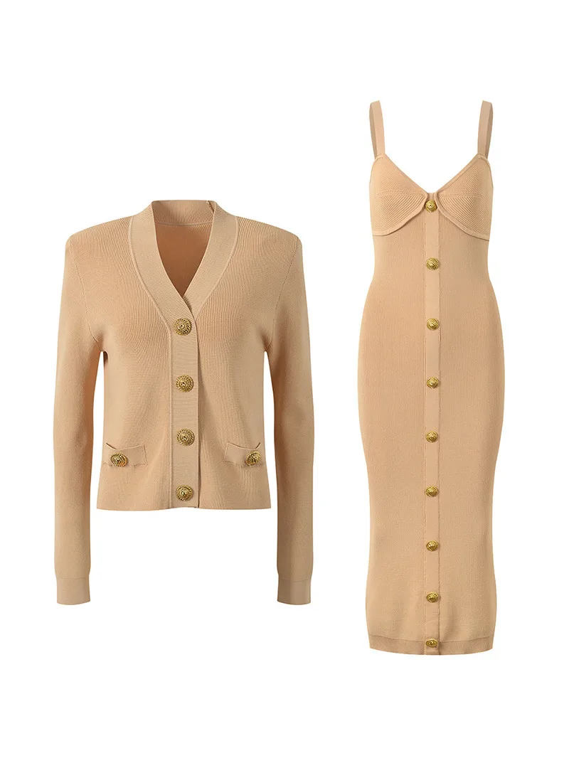 

Вязаный открытый кардиган Ele и длинный комплект Dr с золотым синим комплектом с высокой талией, облегающий женский комплект Faion