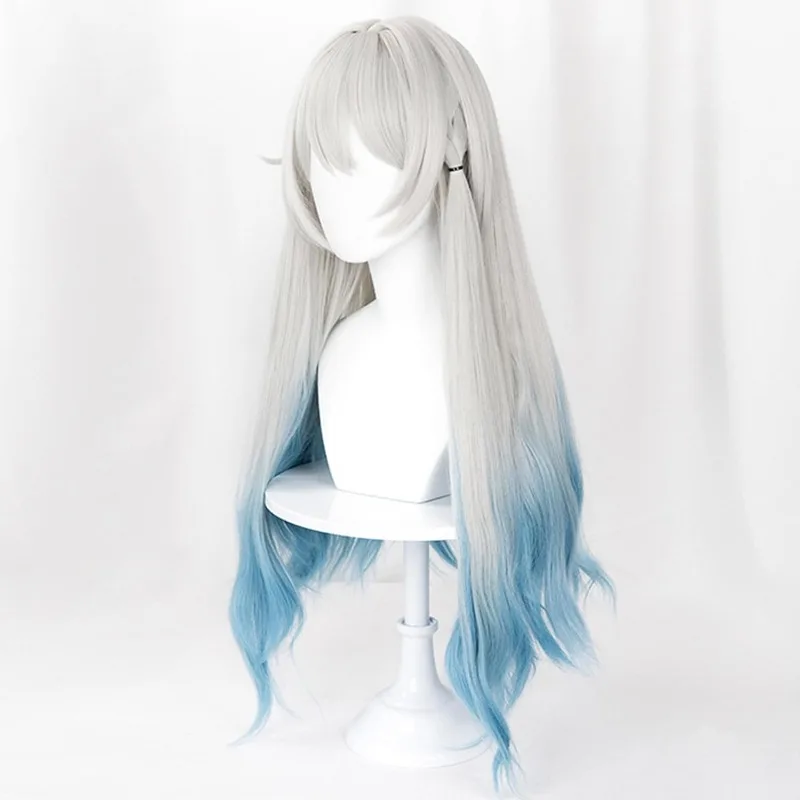 لعبة شعر مستعار Honkai Star Star Firefly ، شعر مستعار طويل متموج مع الانفجارات للهالويين ، عرض هزلي ، شعر أبيض وأزرق