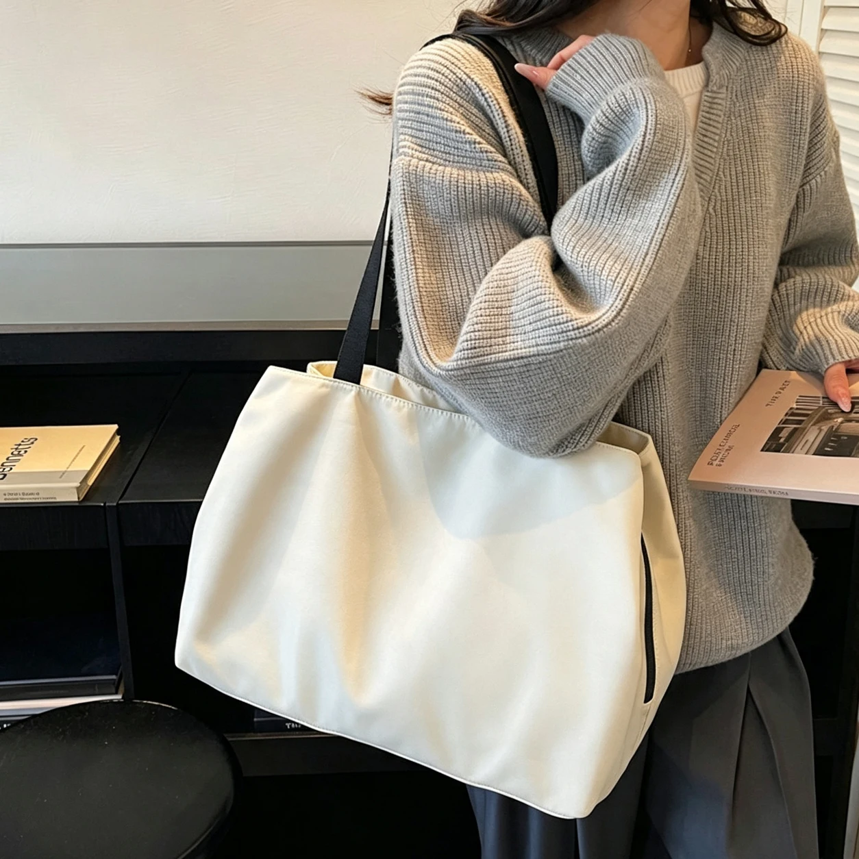 Lightweight Waterproof Nylon Tote Bag for Women, Minimalist Multi-Pocket Large Commuter Shoulder Handbag