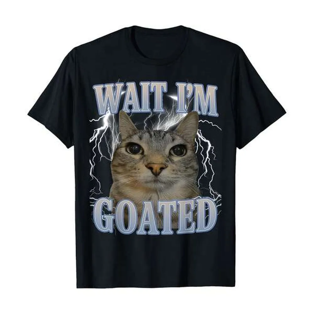 Camiseta gráfica Wait I'm Goated Cat Silly Funny Cat Meme para hombre y mujer, camiseta de cuello redondo 100% algodón para mujer, ropa de verano y vacaciones para mujer, esencial para el día a día, suave y transpirable