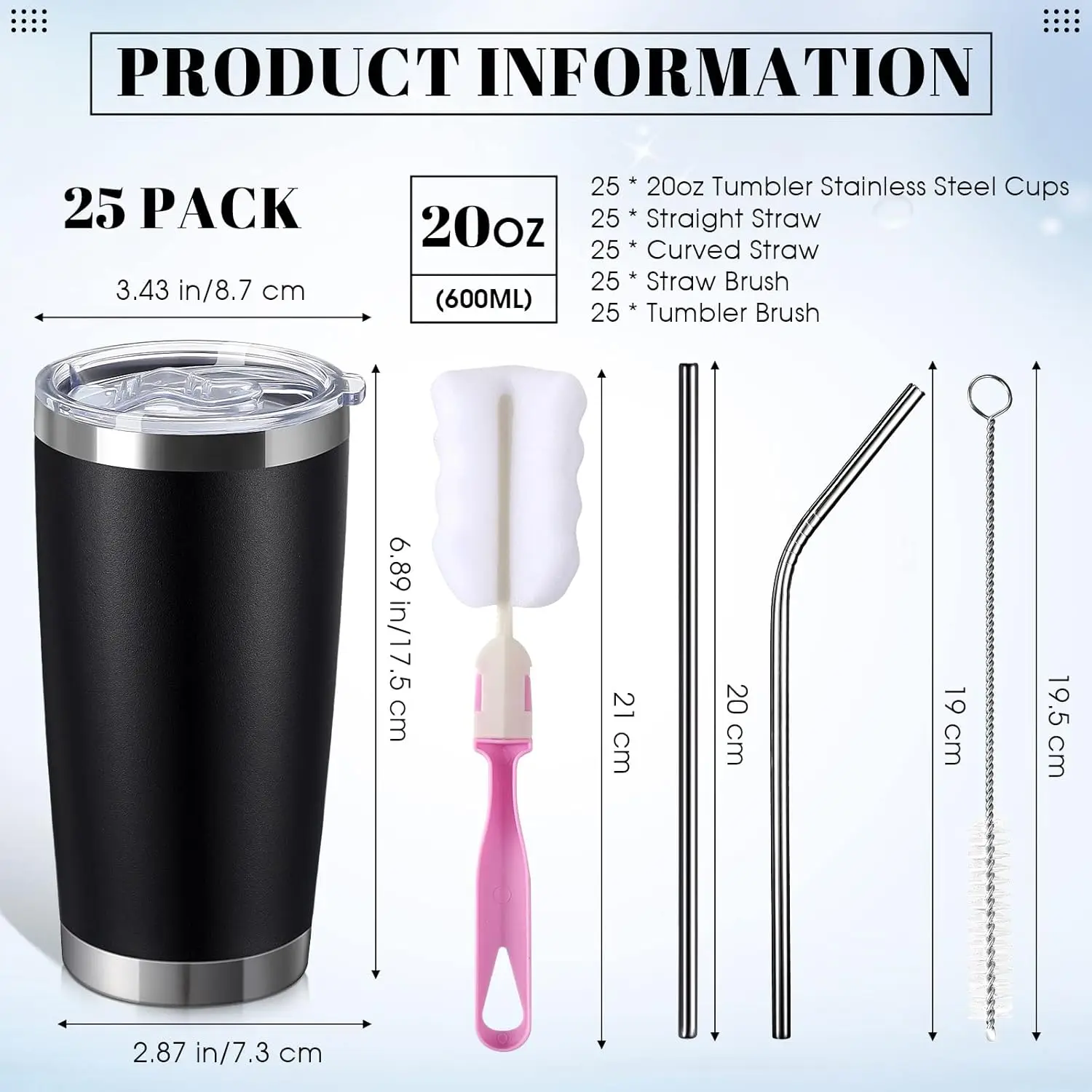 25 عبوة من أكواب الفولاذ المقاوم للصدأ سعة 20 أونصة، كوب سفر معزول بجدار مزدوج مع غطاء (أسود) #3