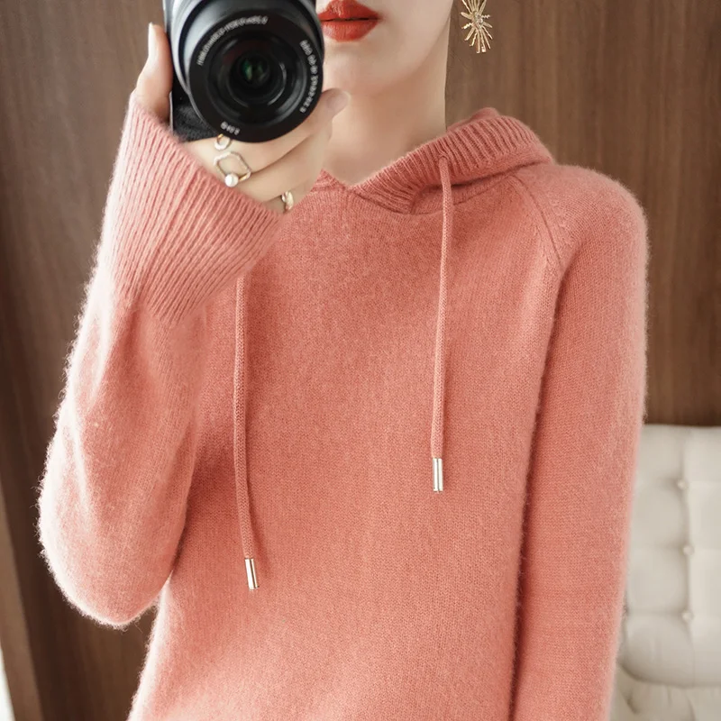 2024 New Autumn and Winter Hooded Cashmere Sweater Women  Hooded Pullover Sweater Warm Loose Hooded Cashmere Sweater Women