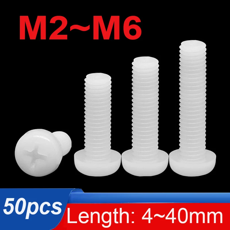 

50pcs M2 M2.5 M3 M4 M5 M6 Metric Threaded White Nylon Plastic Phillips Pan Head Cross Round Screw Bolt length 4mm-40mm
