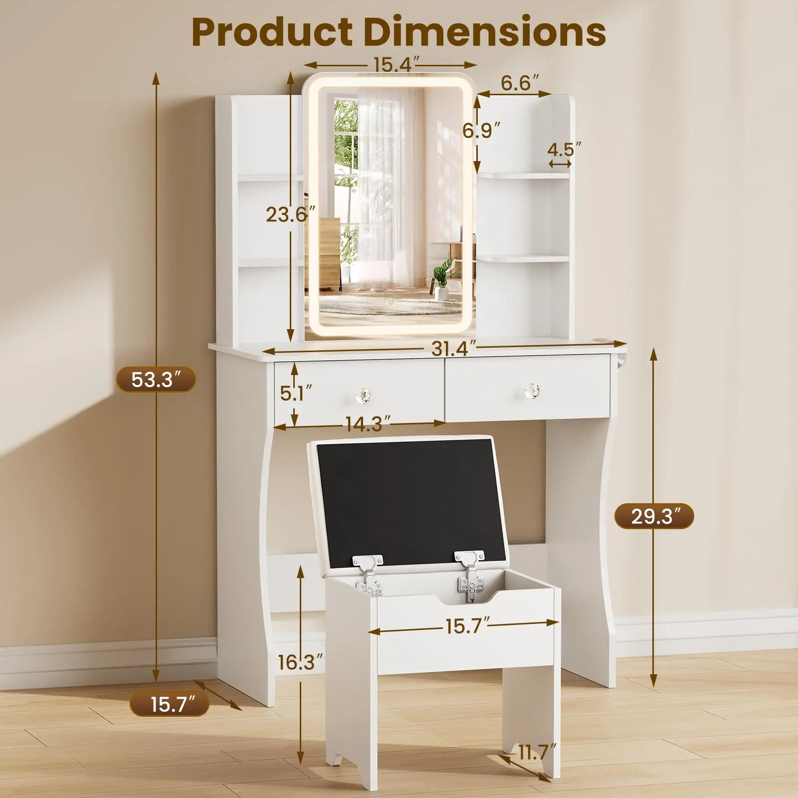 Makeup Vanity Desk with LED Mirror and Lights, Storage-Stool, White