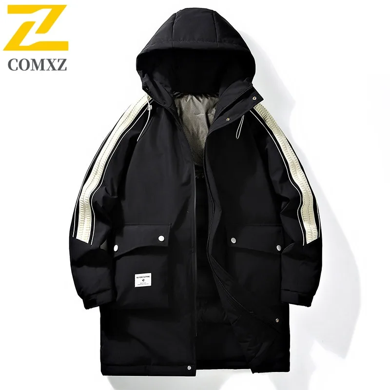 COMXZ الشتاء الرجال منتصف طول كبير الحجم أسفل سترة جديدة المعايير الوطنية 90% الأبيض بطة أسفل مقنعين تسلق بدلة رياضية في الهواء الطلق