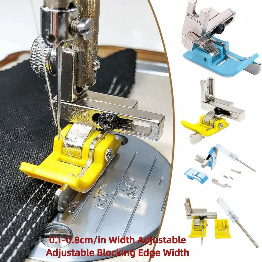 0.1-0.8 سنتيمتر عرض قابل للتعديل ماكينة خياطة قطعة قدم الضغط في ماكينة الخياطة البلاستيك مع البلاستيك قطعة قدم الضغط في ماكينة الخياطة قاعدة الصحافة القدم أكسفورد حافة دليل KT-18