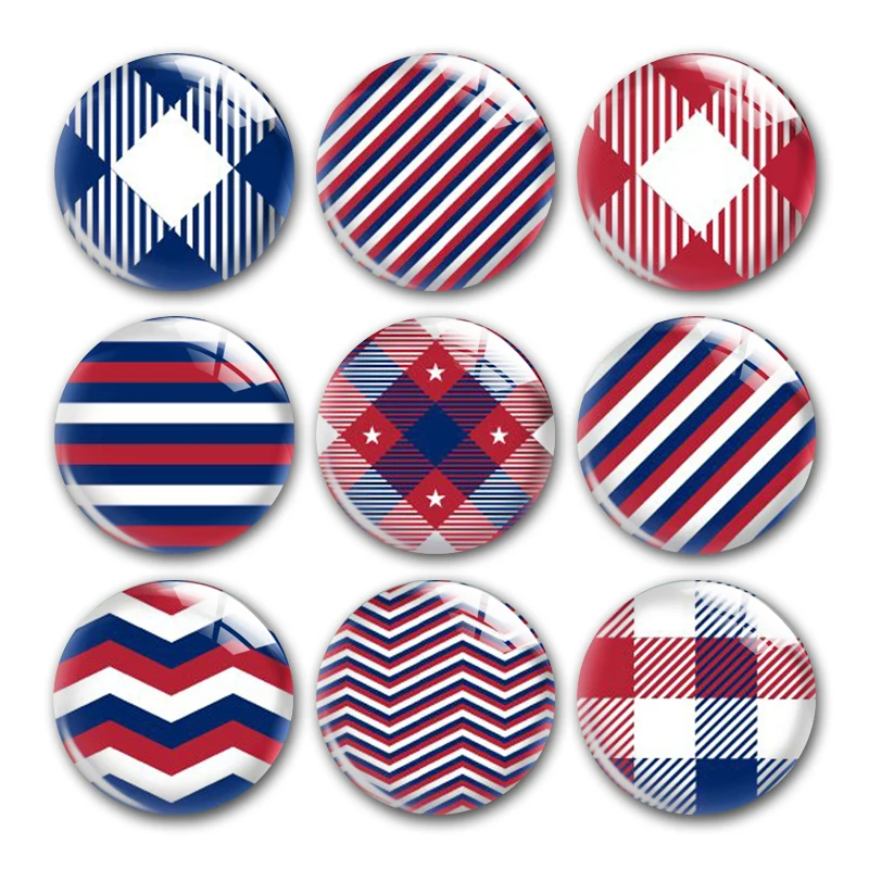 

July 4th Blue Red Buffalo Plaid Round Photo Glass Cabochon Demo Flat Back For DIY Jewelry Making Finding Supplies Snap Button