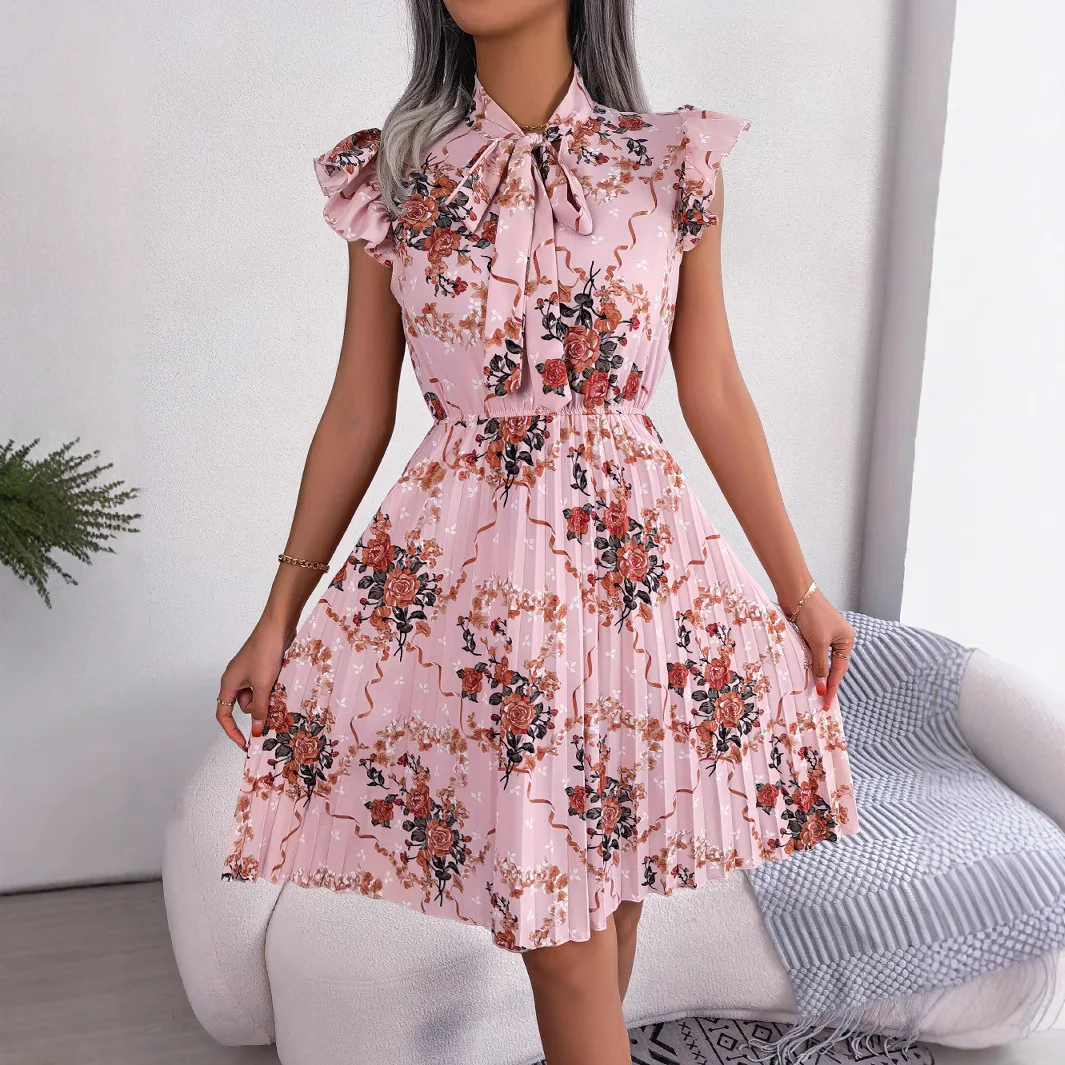 

Spring and summer temperament women's dress flower print lace up waist cinching pleated skirt women's dress