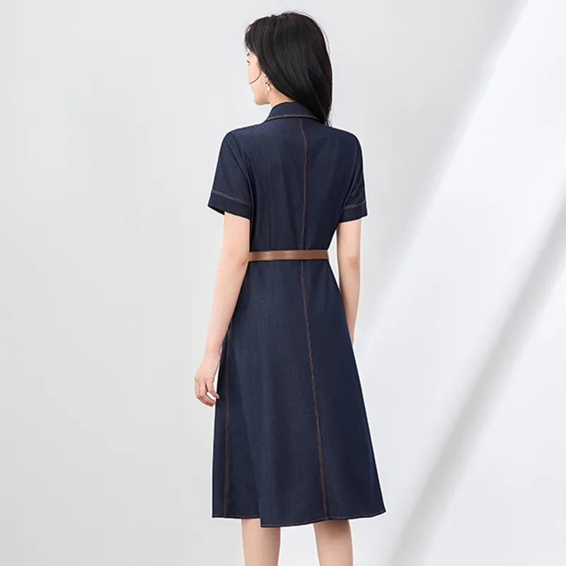 Vestido camisero de mezclilla premium: vestido de oficina ajustado con cinturón y solapa para mujer
