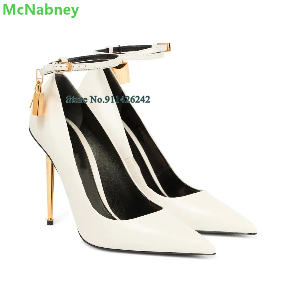 Solid Patent Leather Lock And Key Pumps For Women 2024 Luxury Designer Pointed Toe Metal Thin High Heel Fashion Elegant Shoes