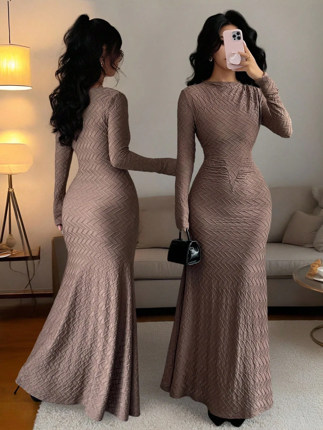 

Elegant Brown Textured Long Sleeve Maxi Dress with Pleated Waist and Fishtail Skirt