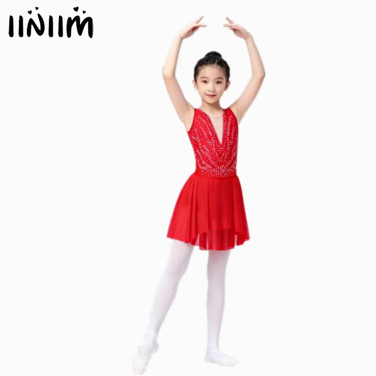 

Kids Girls Shiny Rhinestone Gymnastics Artistic Figure Skating Costume Ballet Jersey Lyrical Performance Dress Dance Dresses