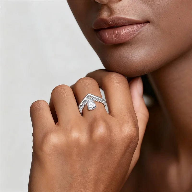 Original 925 Silver Waterdrop Pear-shaped Sparkling Heart Combination Rings Valentine's Anniversary Fine Women Gift Accessory