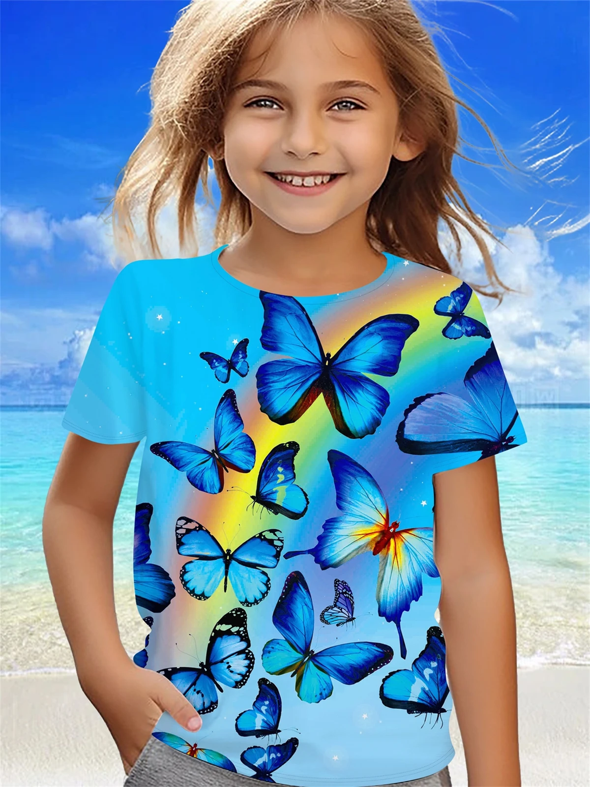 Children's Clothing Girl Clothes Short Sleeve Girl T-Shirt Prety Butterfly Print Kawaii Round Neck Girl Top Kids Summer Clothes