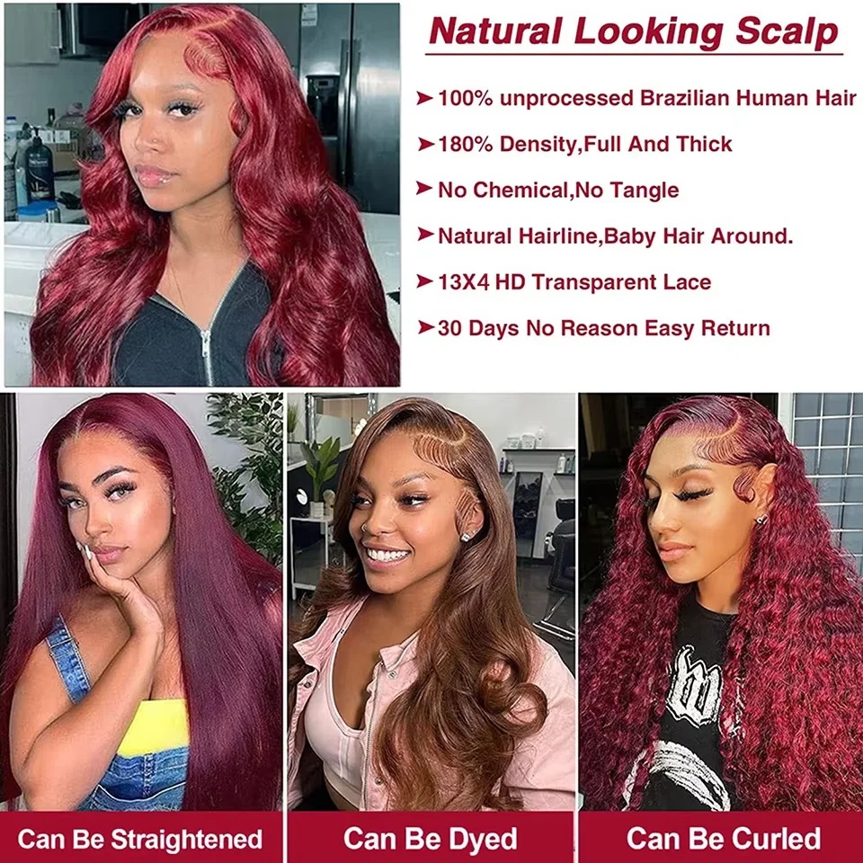 Burgundy 30 inch Brazilian Glueless Wigs Body wave 13x6 hd lace frontal human hair wig for women Colored 13x4 lace front wigs