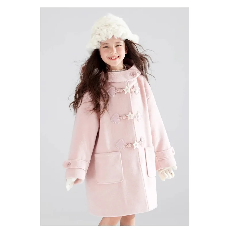 

Girls Peach Powder with Cotton Inside Woolen Coat Pentagram Croissant Buckle Jacket New Children's Solid Color Winter Clothing