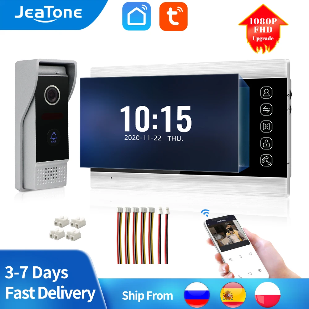 Jeatone Home Video Intercom 1080P-Fhd Video Deurbel Camera Voor Appartement 7 Inch Monitor Ondersteuning One-Key Unlock Tuya Intercom