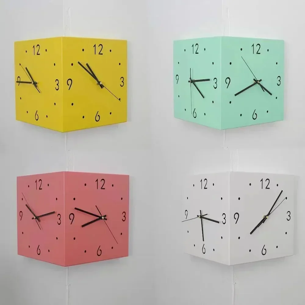 Inductive luminous corner clock, square living room, double-sided clock, iron digital hollowed out double-sided wall clock