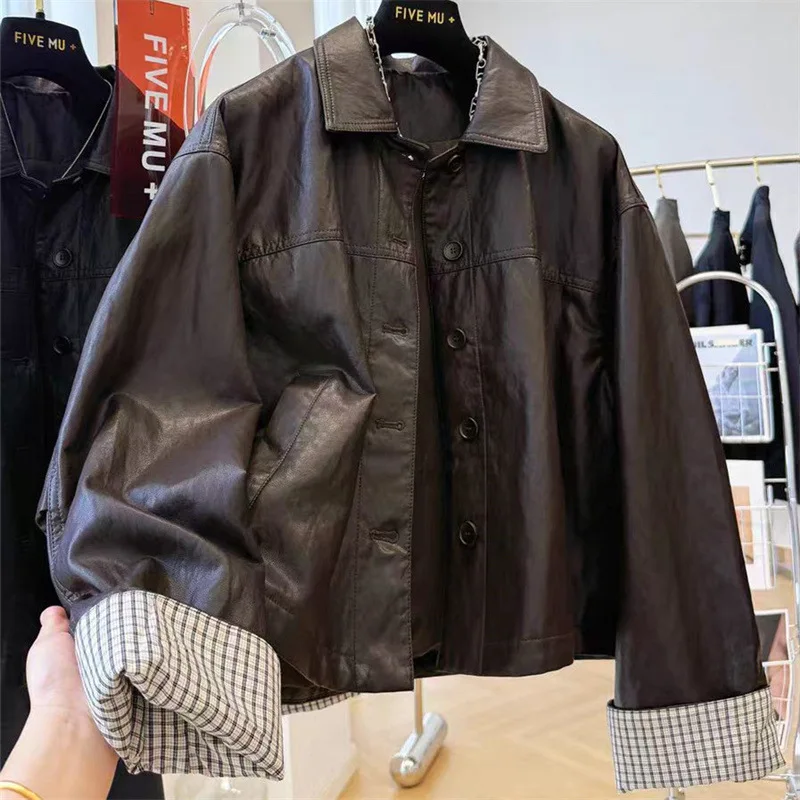 Casual Korean Style Short Leather Jacket Women's Spring Autumn Flip Collar  Biker Coat Stylish Synthetic Leather Outerwear