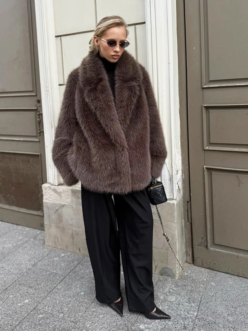 ZADORIN Premium Women's Vintage Brown Faux Fox Fur Coat Lapel Mid Length Winter Warm Artificial Fur Jackets Chic Casual Overcoat