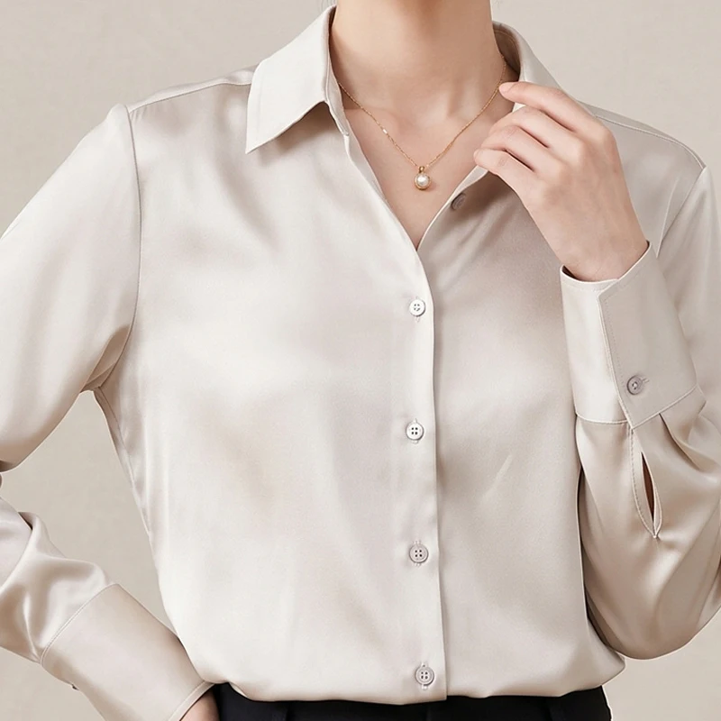 100% Twill Silk Women's Shirt, Turn-down Collar Loose Mulberry Silk Long-Sleeve Blouse, Solid Color Simple Commuter Top
