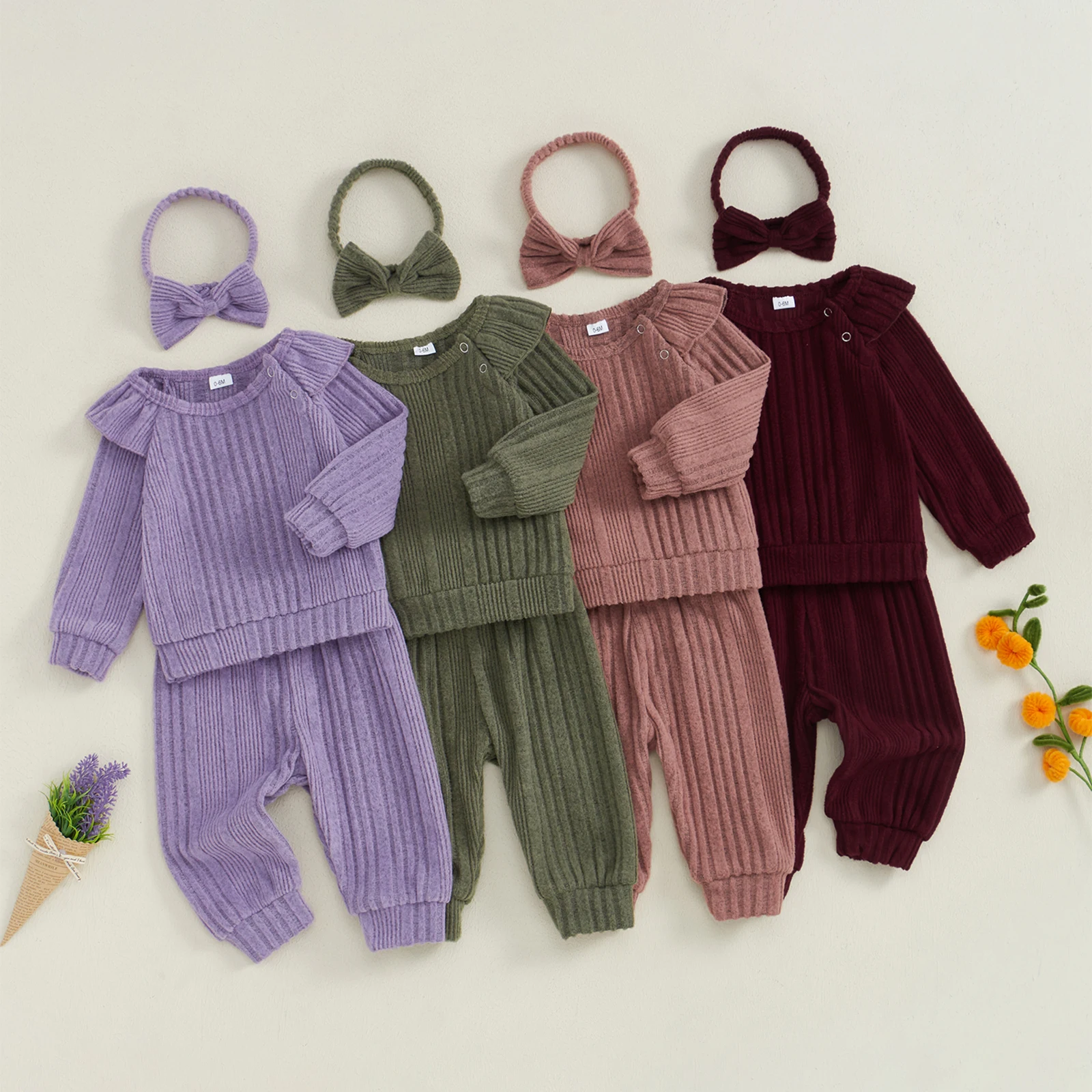 Baby Autumn Girl 3Pcs Fall Outfits Long Sleeve Ruffle Tops + Pants + Headband Set Newborn Girl Clothes