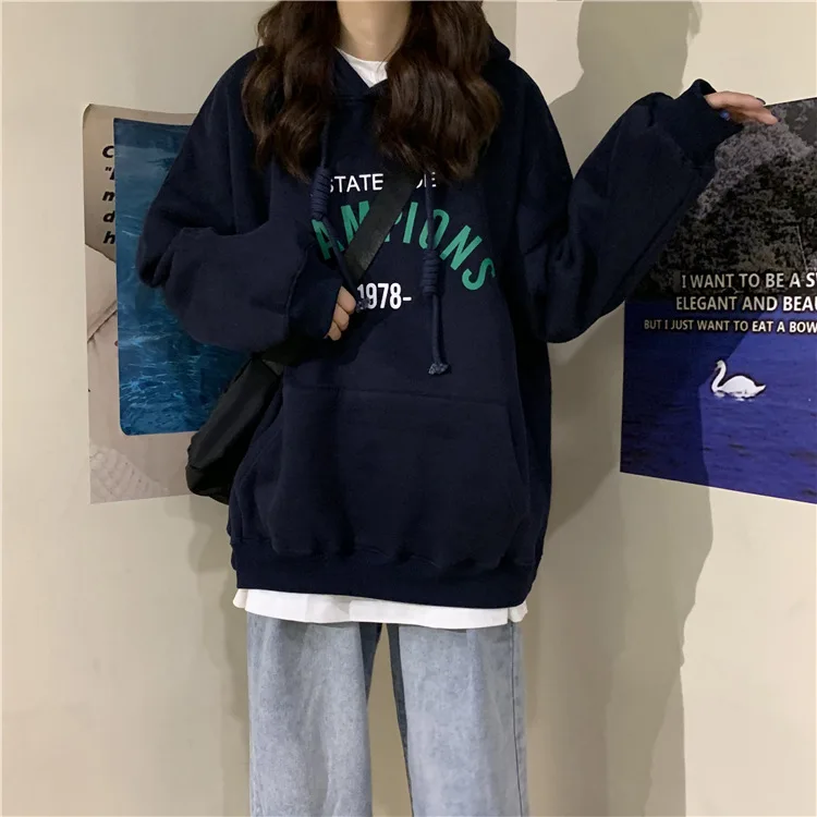 2024 Women\'s Hoodie Preppy Letters Print Tops Oversize Sweatshirt Streetwear Hip-hop Coat Drawstring Kangaroo Pocket Pullover