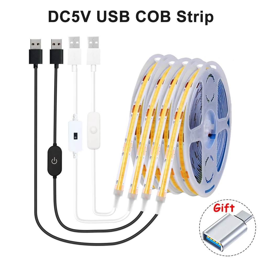 

5V USB COB LED Light Strip Button/Touch/Infrared Sensing Switch 8mm Ultra-Flexible Self-Adhesive 320LEDs/M High Brightness 1-5M