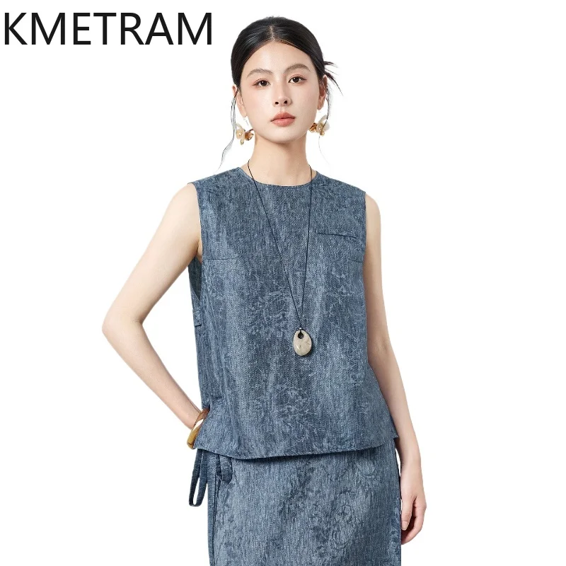 KMETRAM 54.5% Mulberry Silk 45.5% Linen Bleded Women's Tanks Denim Loose Vest Casual Summer Tops for Woman Clothing 2026 майка