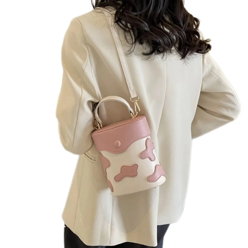 Elegant PU Leather Shoulder Crossbody Bucket Bag Contrast Color Milk Pattern Functional Handbag Purse for Everyday Carry