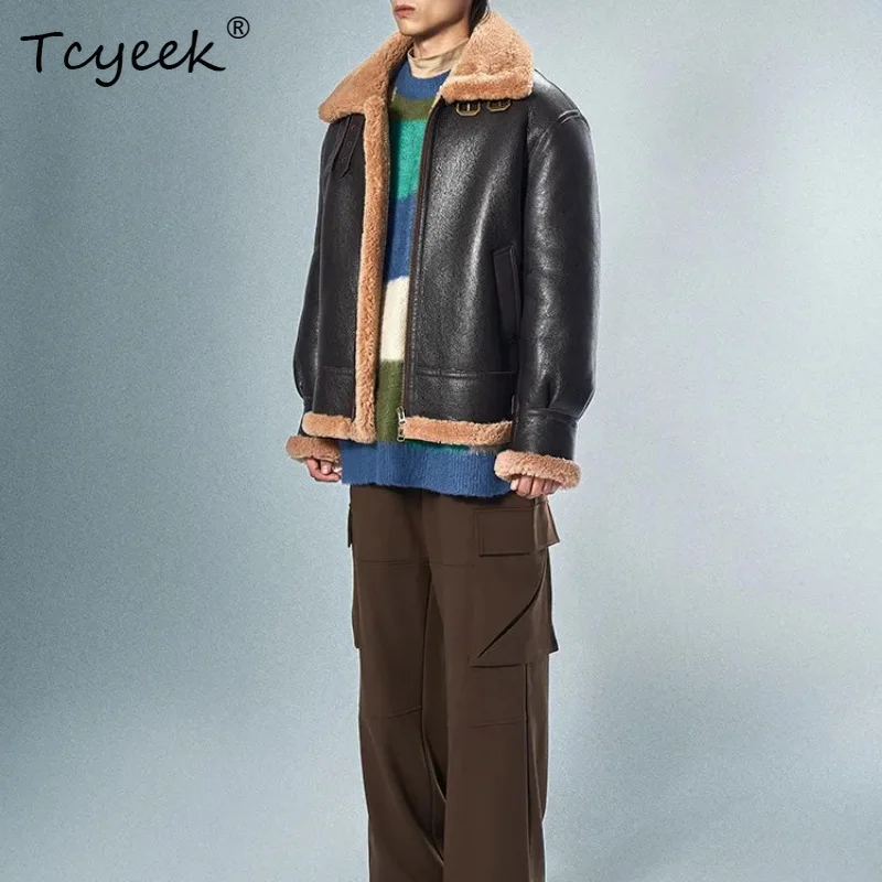 Tcyeek Natural Merino Sheep Fur Coat Men Brown Real Leather Jacket Warm Real Fur Mens Coats Fashion Winter Clothes Thickened