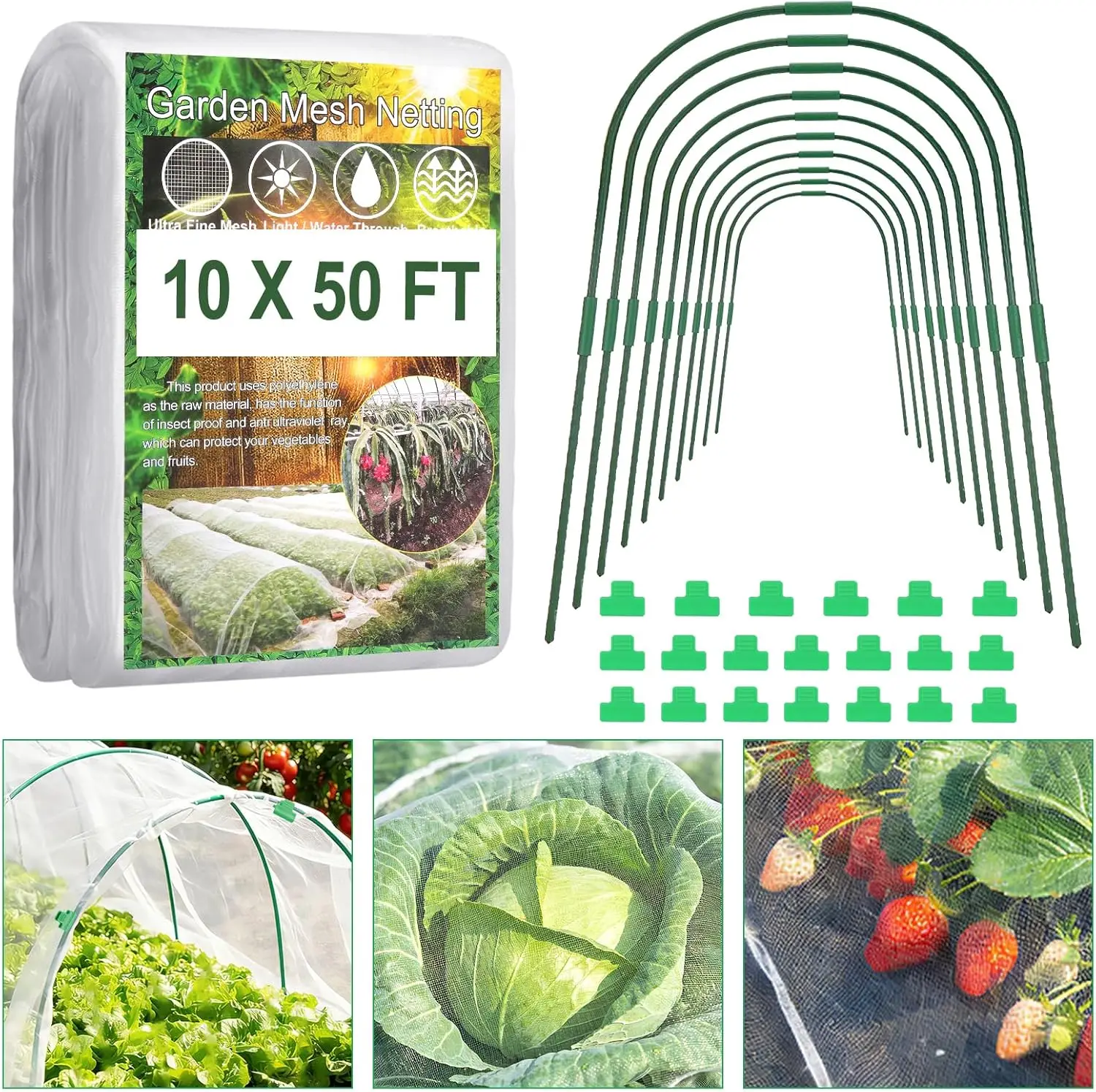 

Сетка для защиты растений от вредителей с 10 комплектами садовых колец и зажимов, сетка-покрытие для рядов растений