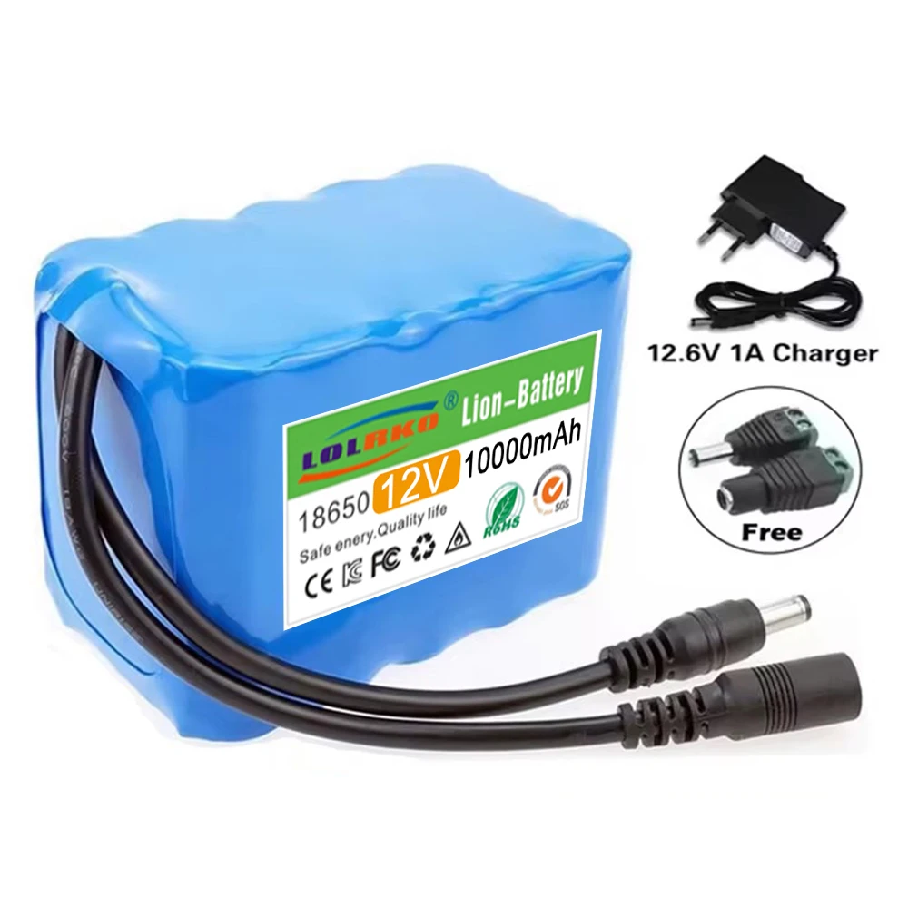 Large capacity rechargeable battery 12V 10Ah 3s5p lithium-ion battery pack with BMS and charger Suitable for 12V DIY devices