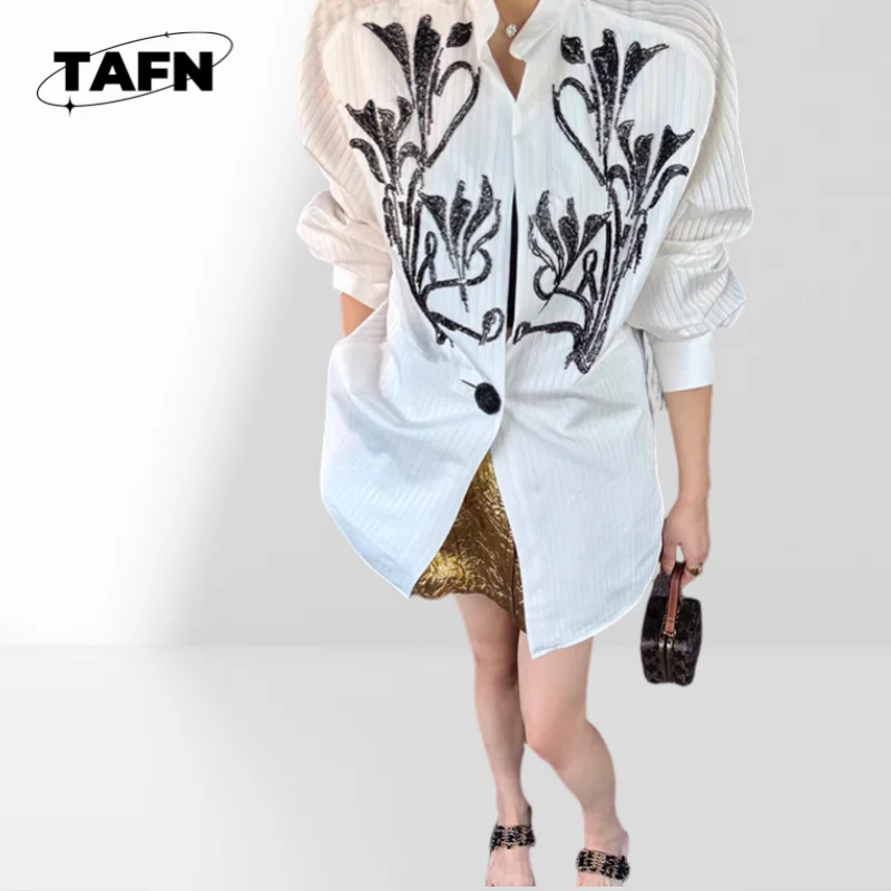 

French 25 Early Autumn Old Money Style Sequin Flower One Button Light and Dark Stripes Loose Lining Simple and ComfortableAG1547