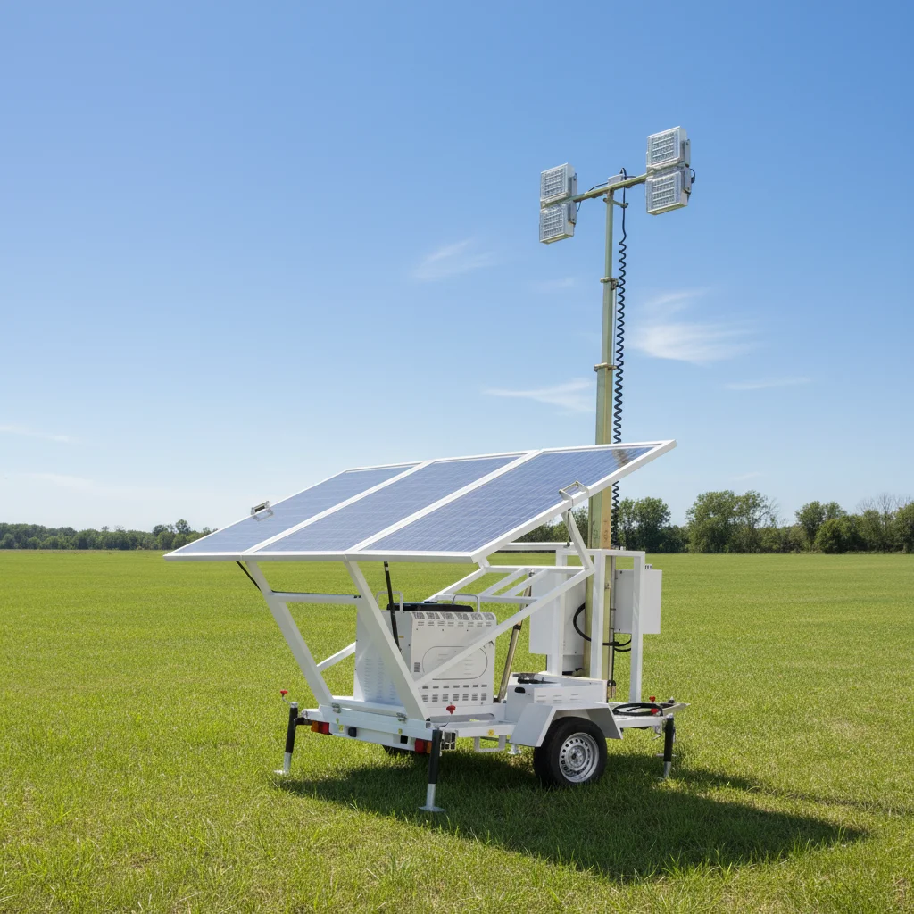 LED Flood Mobile Solar Light Tower DC 24V IP66 Rated 4x100W LED 4x200AH Battery Vehicle Mounted Manual Mast Extension